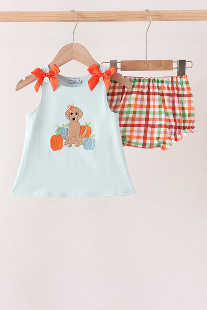 Blue Puppy Pumpkin Embroidery Gingham Bloomer Set