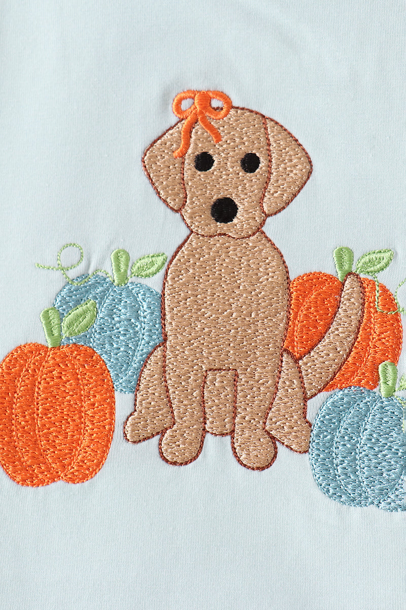 Blue Puppy Pumpkin Embroidery Gingham Bloomer Set