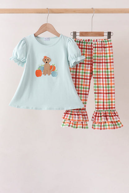 Blue Puppy Pumpkin Embroidery Gingham Ruffle Pants Set