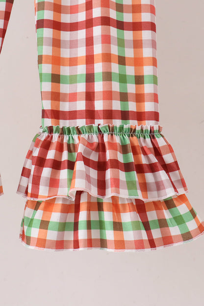 Blue Puppy Pumpkin Embroidery Gingham Ruffle Pants Set