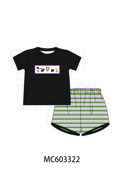Black witch embroidery stripe shorts set