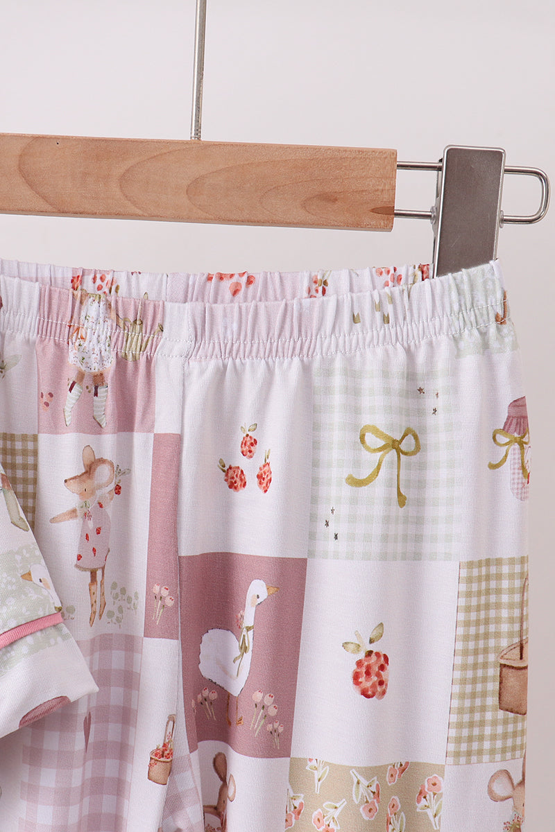 Pink Goose Bow Checkered Bamboo Pajama Set