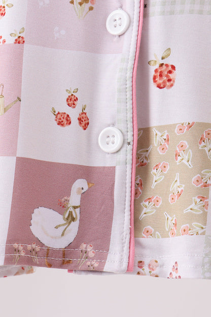 Pink Goose Bow Checkered Bamboo Pajama Set