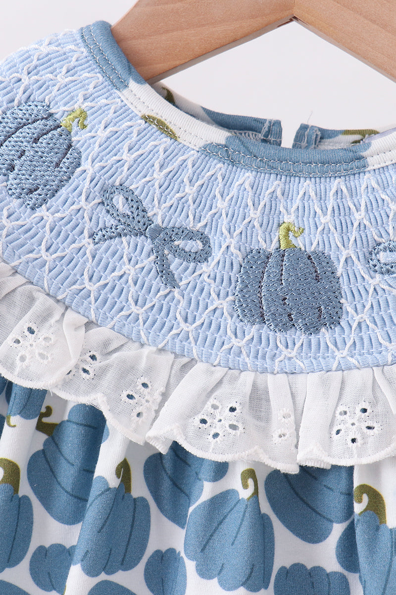 Blue pumpkin bow smocked lace bubble
