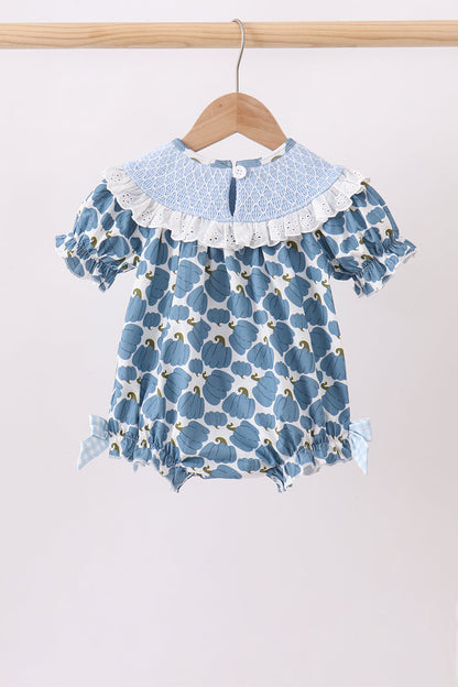 Blue pumpkin bow smocked lace bubble