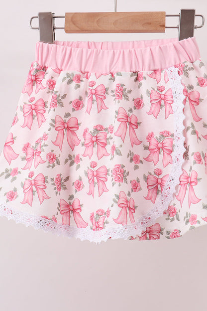 Pink Floral Bow Lace Skorts Set