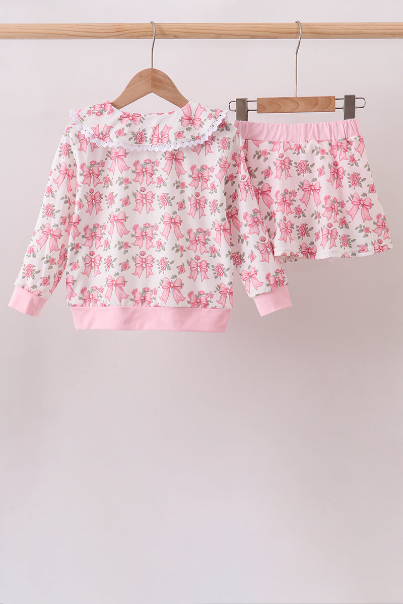 Pink Floral Bow Lace Skorts Set