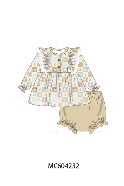 Khaki farm checkered ruffle bloomer set