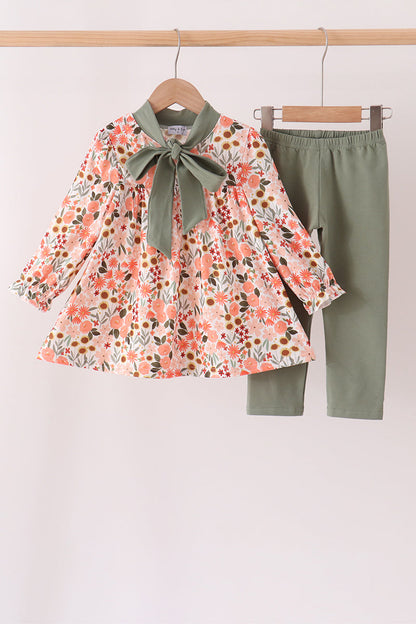 Green floral bow pants set
