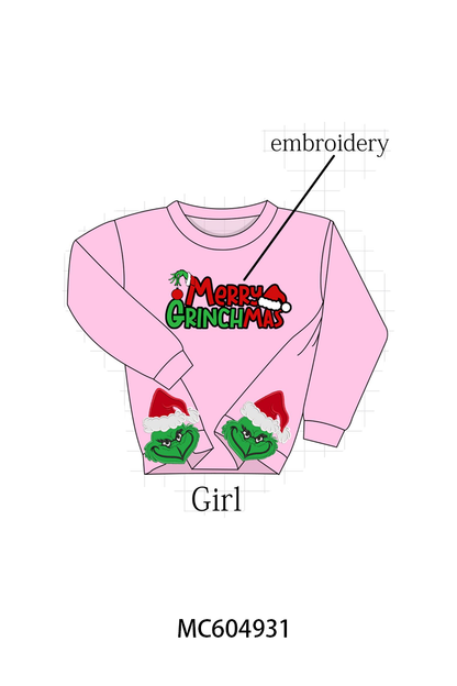 Pink Merry Grinch Embroidery Mom&me Sweatshirt