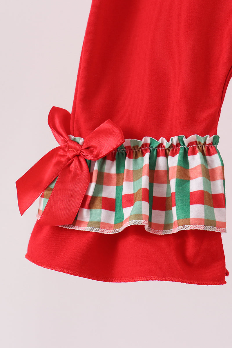 Red christmas character applique ruffle romper
