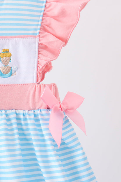Blue Stripe Princess Embroidery Ruffle Dress