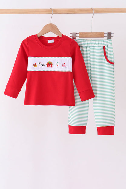 Red Farm Embroidery Pants Set