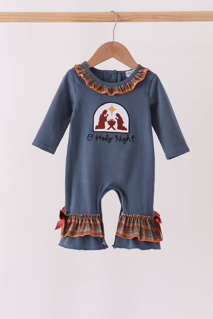 Blue Nativity Embroidery Ruffle Romper