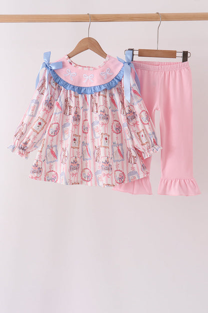 Pink Character Bow Embroidery Ruffle Pants Set