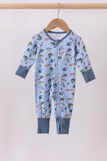 Green fish print bamboo romper