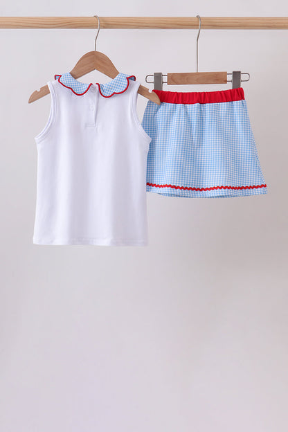 Blue Scalloped Apple Bow Skorts Set