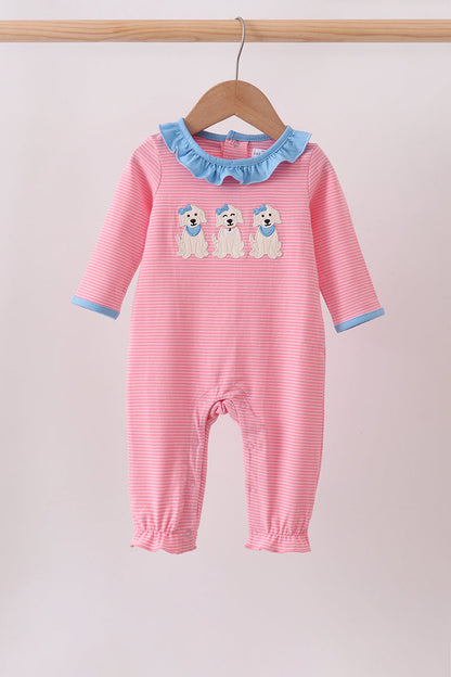 Pink puppy embroidery ruffle romper