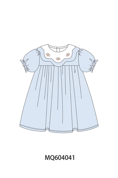 Blue turkey embroidery checkered dress