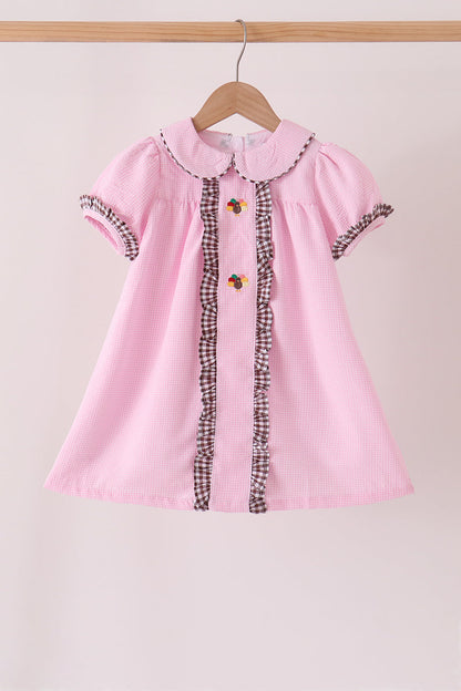 Pink turkey embroidery ruffle gingham dress