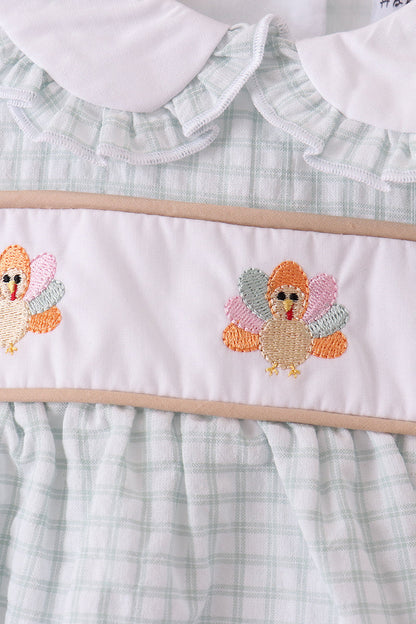 Green plaid turkey embroidery ruffle bubble