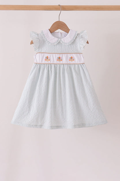 Green plaid turkey embroidery ruffle dress