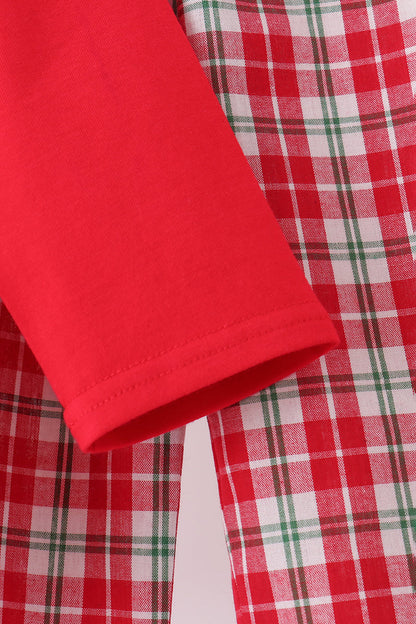 Red christmas tree truck embroidery plaid pants set