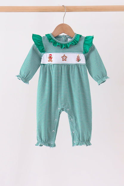 Green gingerbread embroidery stripe ruffle romper
