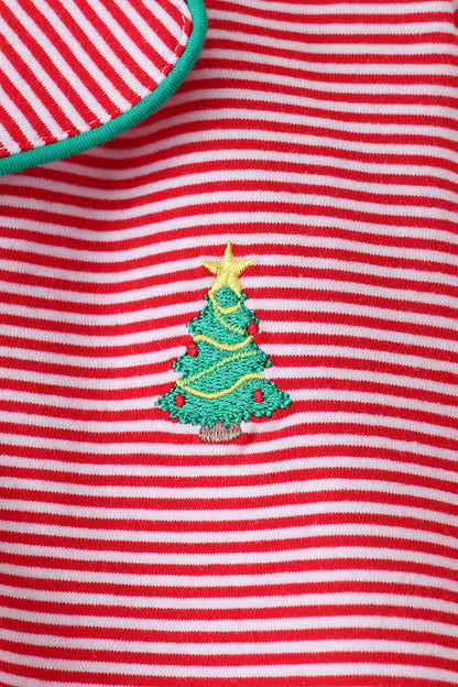 Red stripe christmas tree embroidery pants set