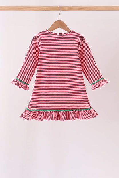 Red stripe christmas tree embroidery ruffle dress