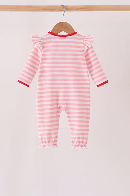 Pink gingerbread embroidery stripe ruffle romper
