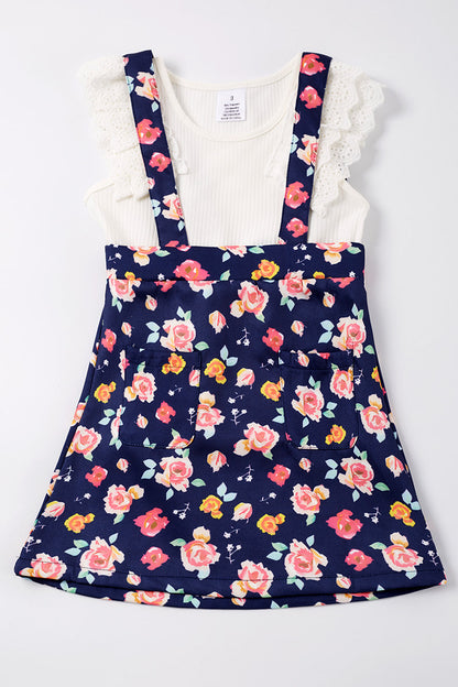 Navy floral print strap dress set