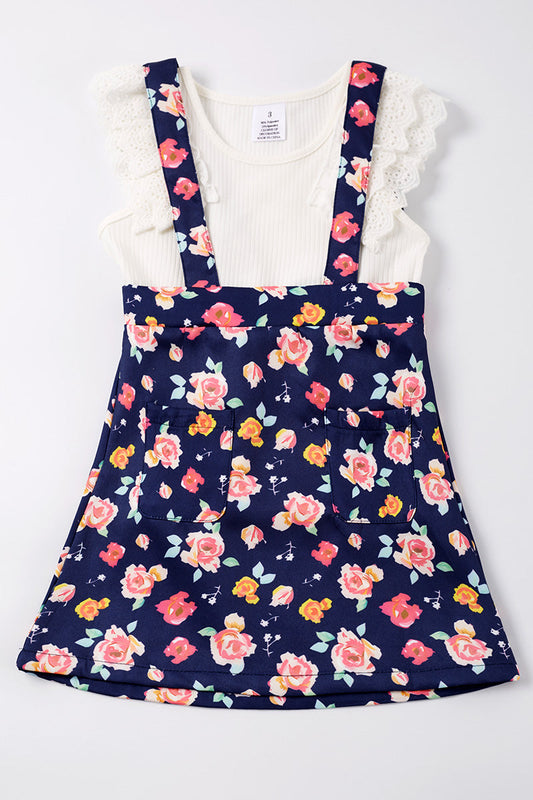Navy floral print strap dress set