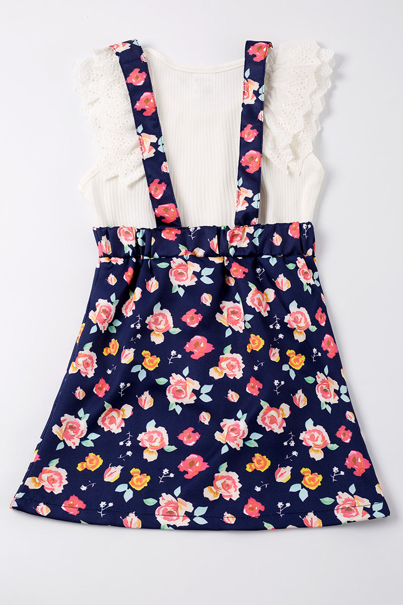Navy floral print strap dress set