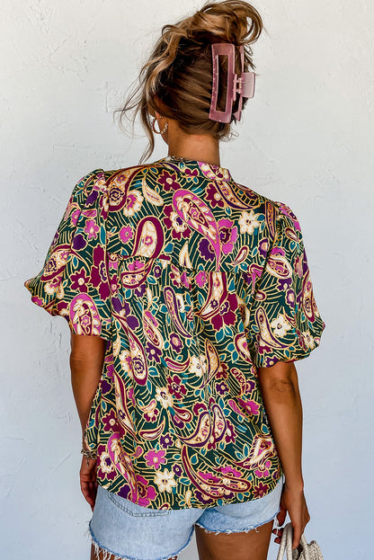 Green Paisley Print Flutter Sleeve Tiered Ruffle Dress