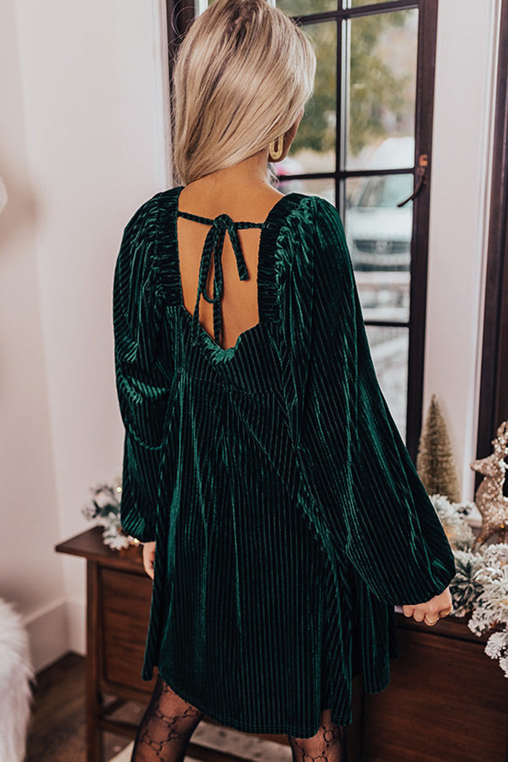 Pale Chestnut Long Sleeve Tiered Ribbed Velvet Dress
