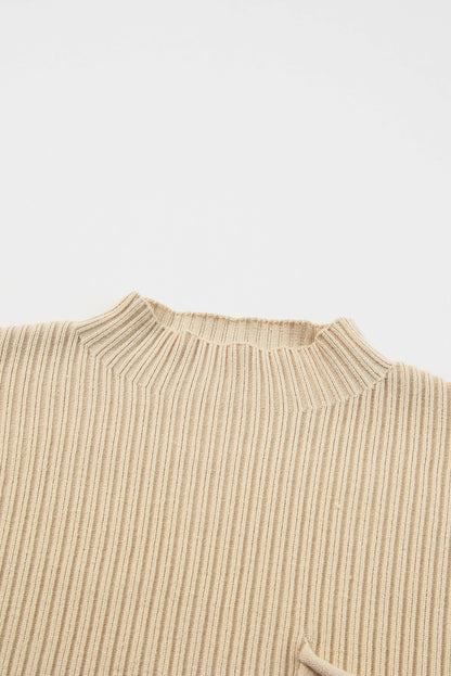 Blackish Green Patch Pocket Ribbed Knit Short Sleeve Sweater Dress
