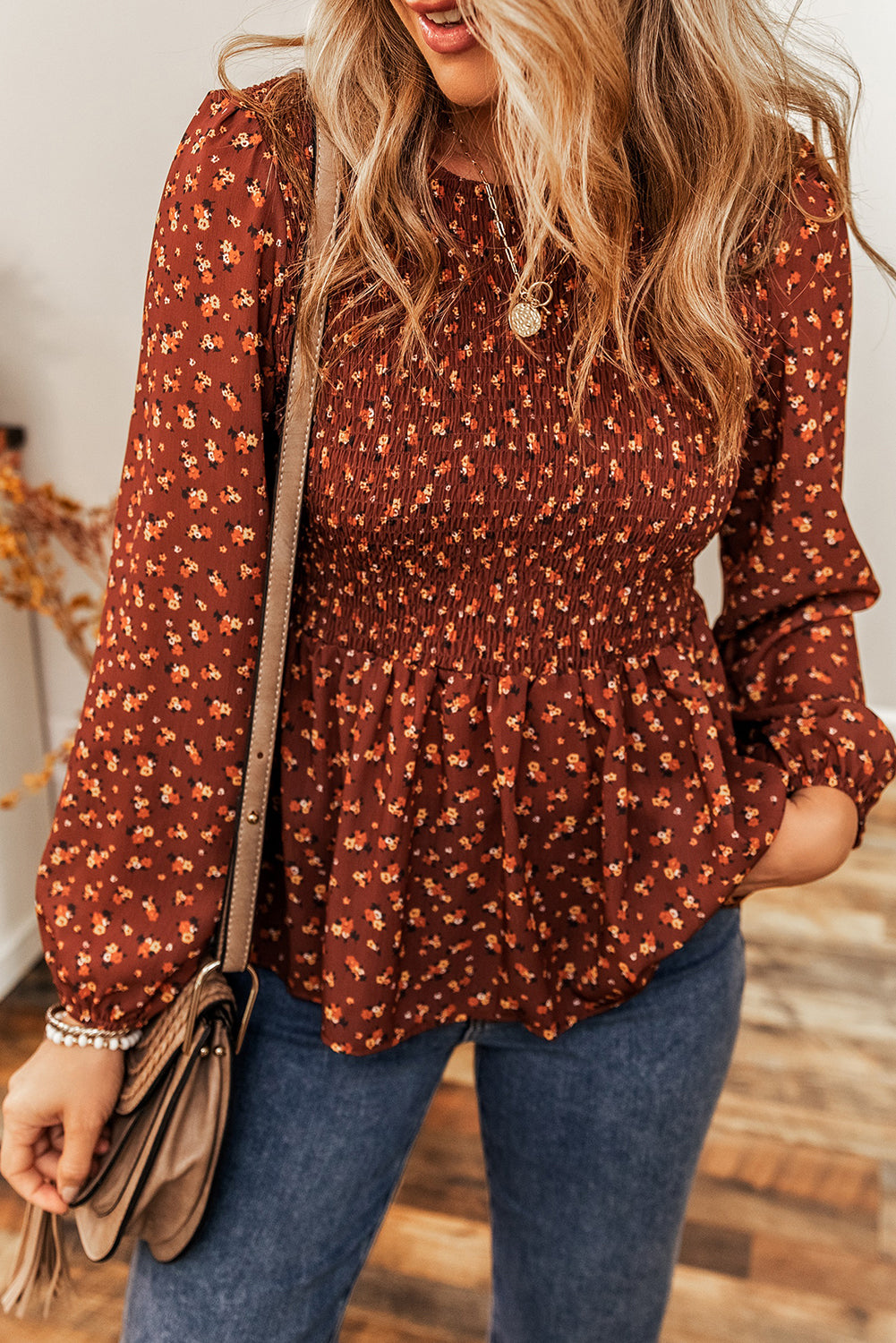 Brown Floral Smocked Bodice Mini Dress