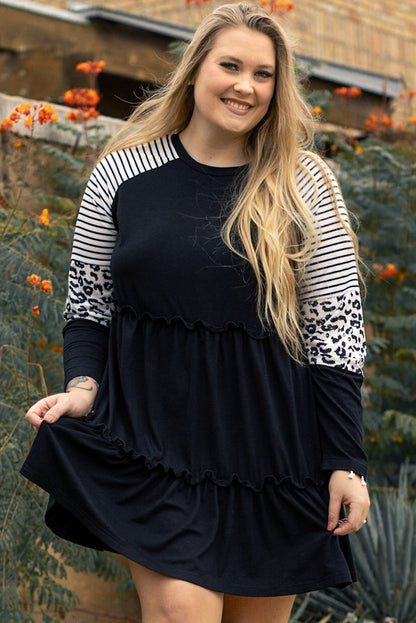 Multicolor Striped Leopard Raglan Sleeve Textured Dress