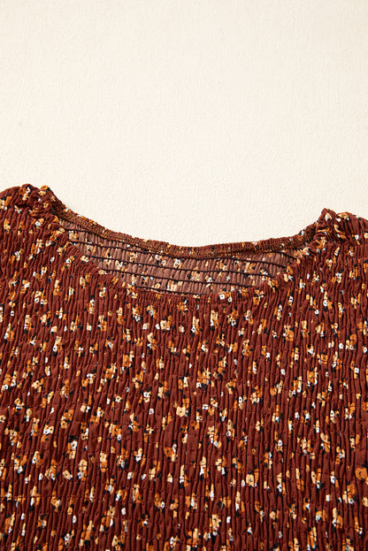 Brown Floral Smocked Bodice Mini Dress