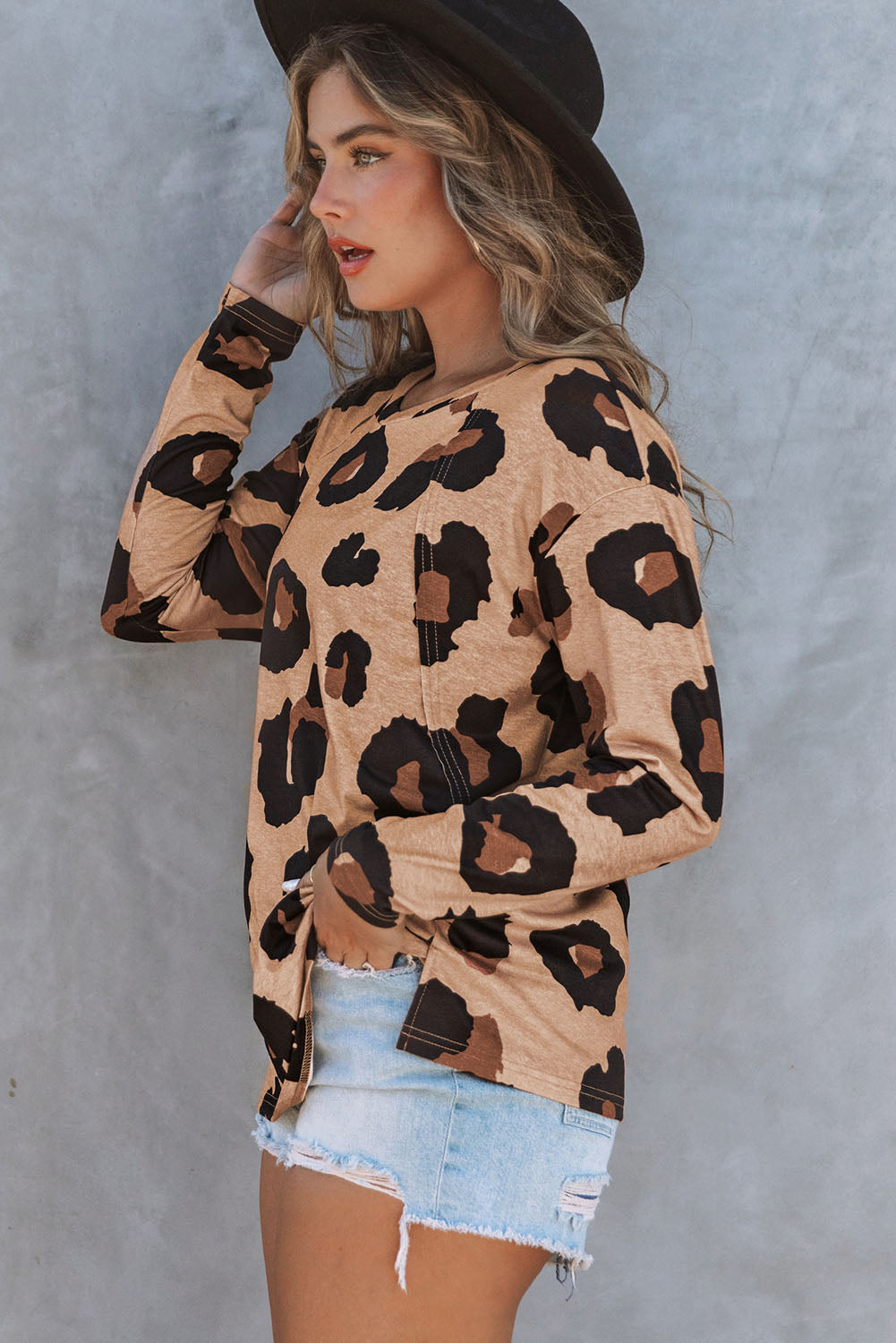 Leopard Print Button Front Bubble Sleeve Loose Knit Dress