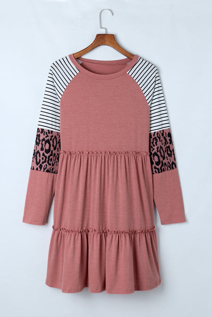 Multicolor Striped Leopard Raglan Sleeve Textured Dress