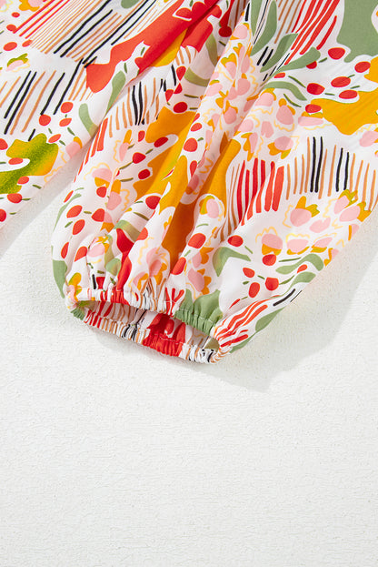 Multicolour Split Neck Puff Sleeve Flowy Printed Dress