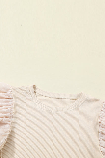 Apricot Dotty Mesh Ruffle Sleeve Ribbed Knit Top