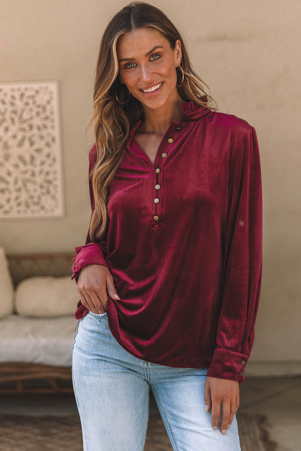 Skobeloff Velvet Buttoned Front Ruffled Mini Dress