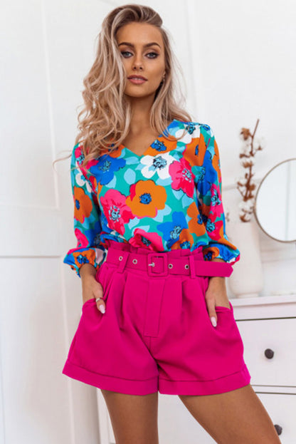 Rose Split V Collar Ruffle Sleeve Floral Shift Dress