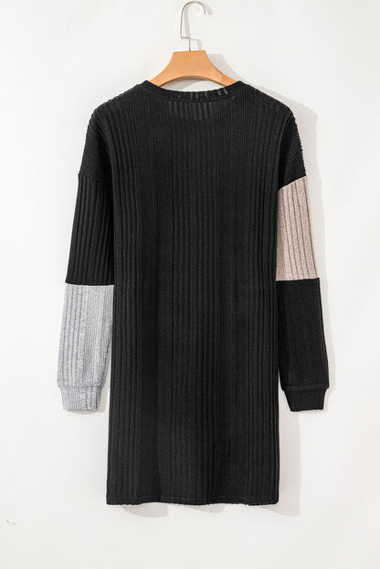 Black Color Block Drop Shoulder Rib Knit Mini Dress