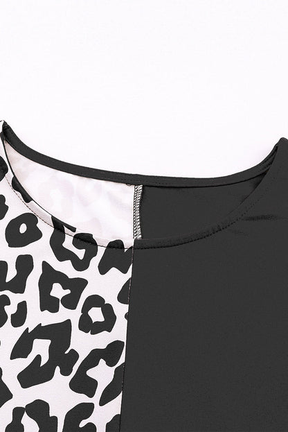 Gray Contrast Solid Leopard Short Sleeve T-shirt Dress with Slits