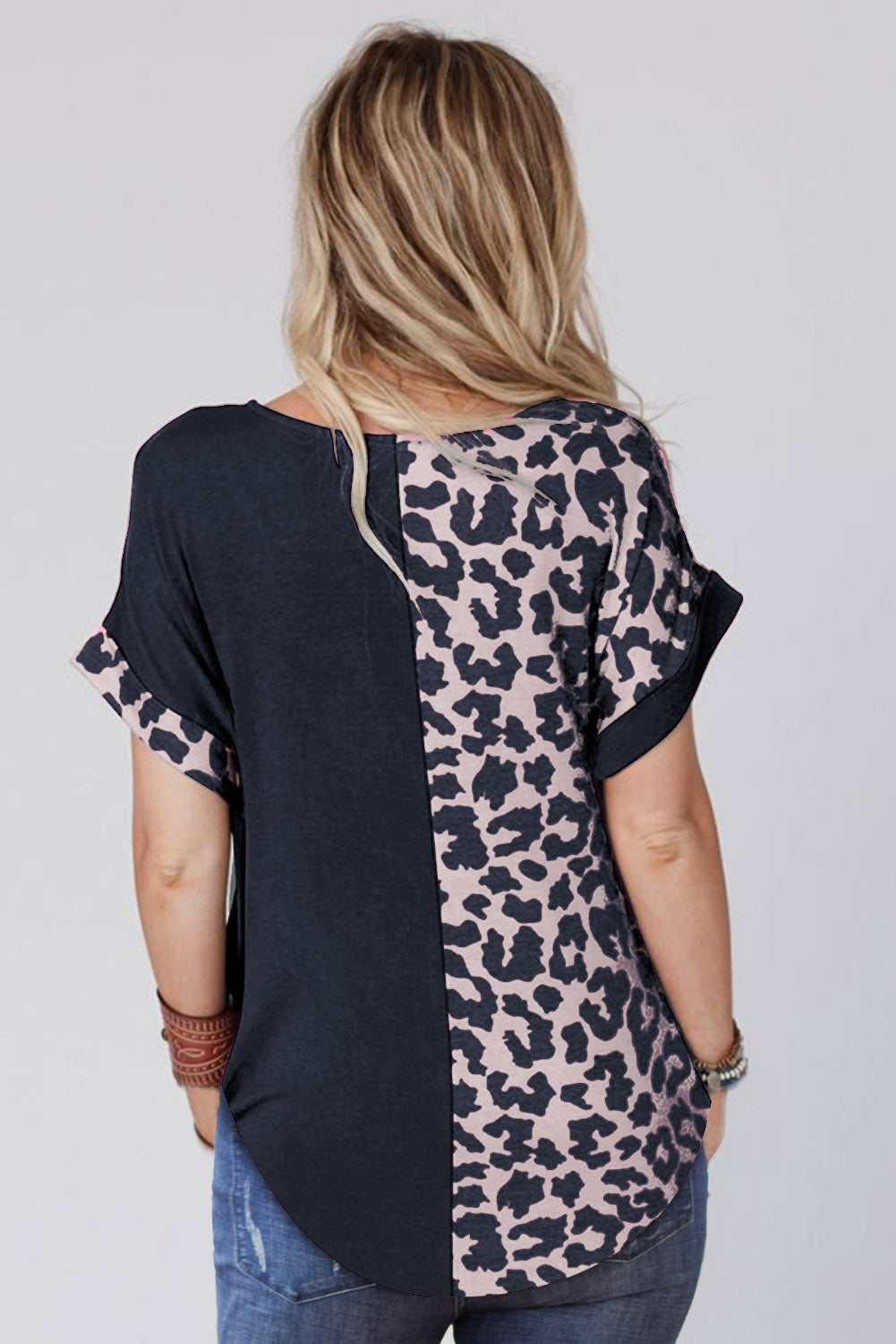Gray Contrast Solid Leopard Short Sleeve T-shirt Dress with Slits