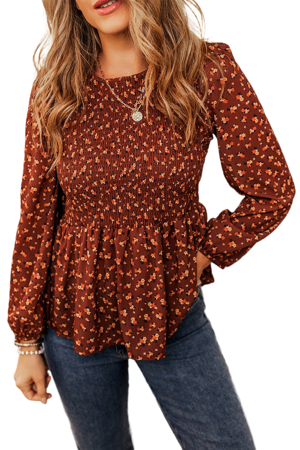 Brown Floral Smocked Bodice Mini Dress